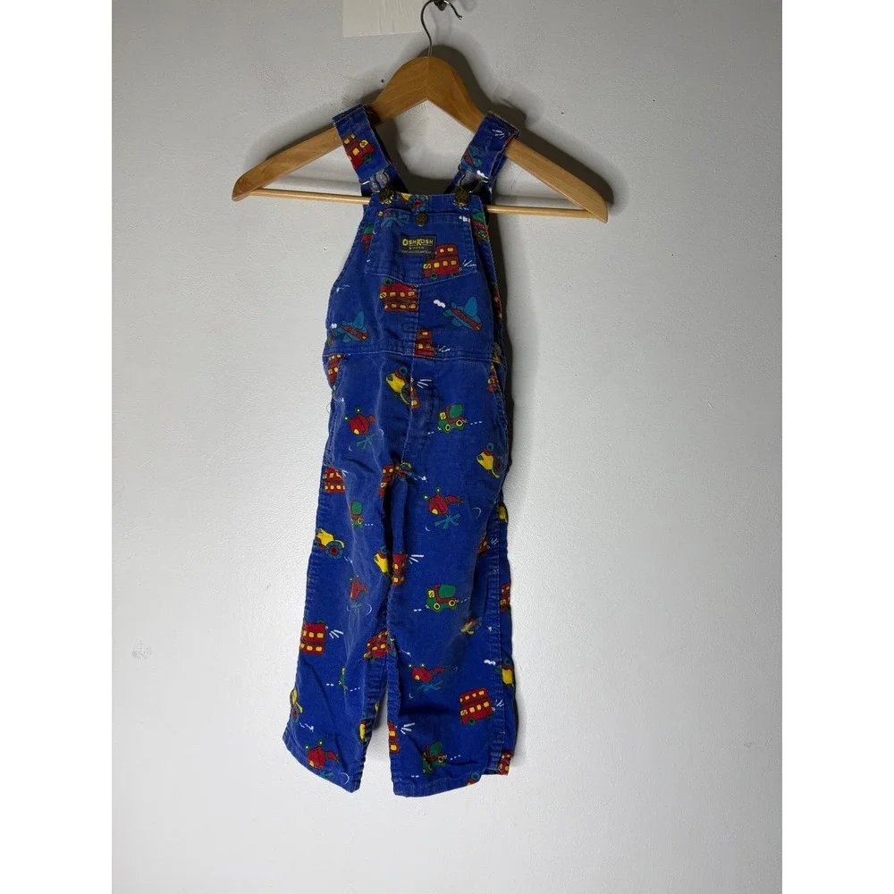 VTG Oshkosh Overalls Corduroy Trains‎ All Over Print Vestbak Sz 4t USA Blue